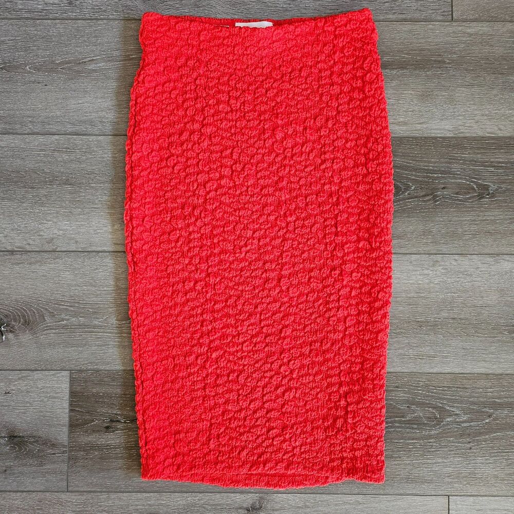 By Anthropologie Red Crinkle Bodycon Midi Pencil Skirt Size XS NWT Stretch